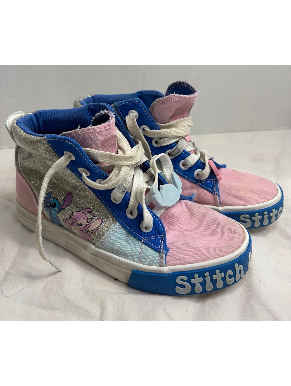 Disney Stitch & Angel Girls Size 3 High Top Sneakers Pink Blue Glitter